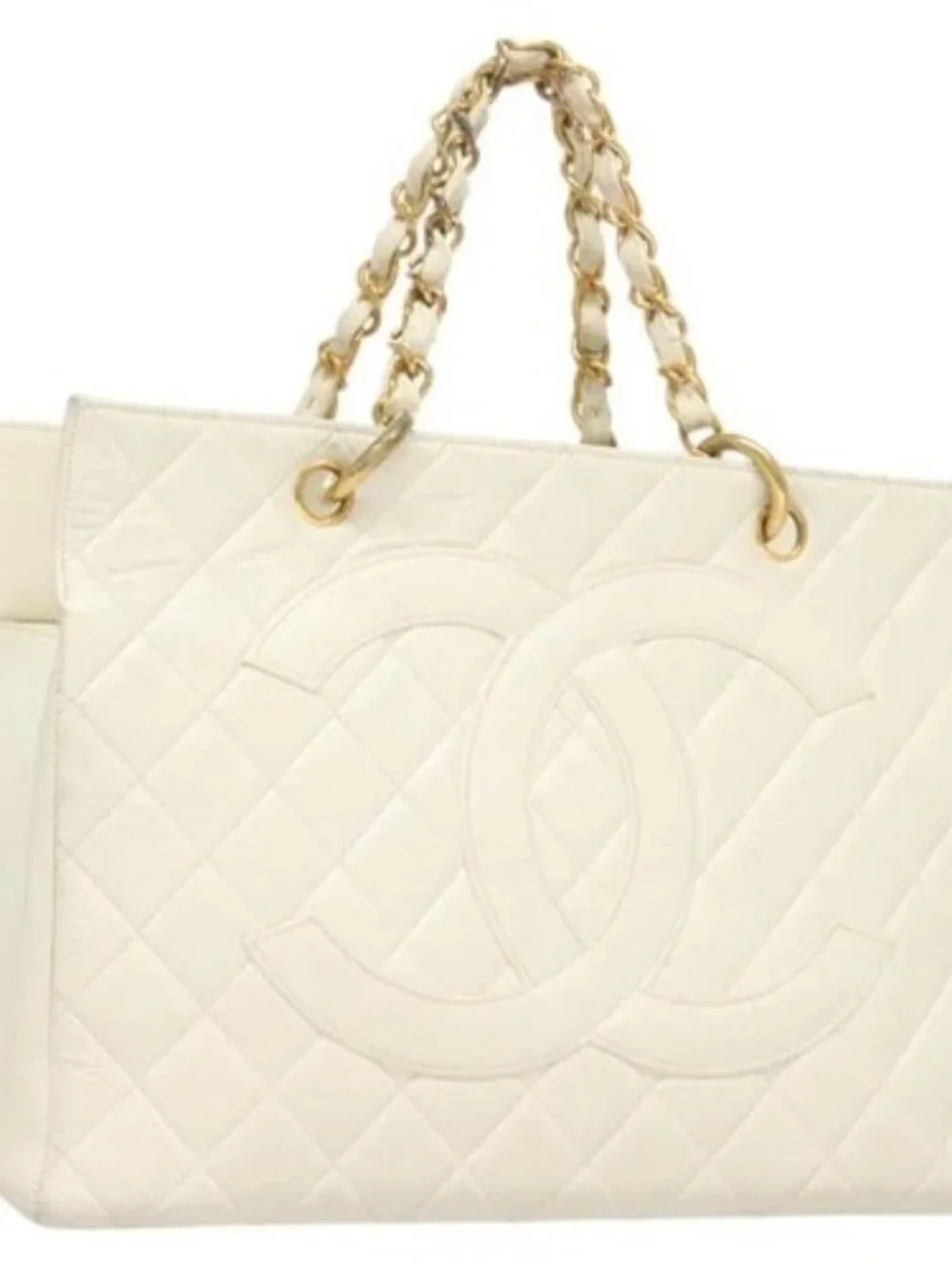 CHANEL Matelasse Chain Hand Bag Grained Calf Skin White Gold CC Auth bs26565